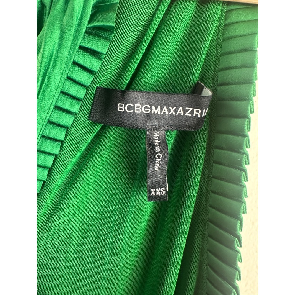 BCBGMAXAZRIA Emerald Green Satin Plisse High-Neck Maxi Dress XXS Pleated Elegant - Picture 14 of 16